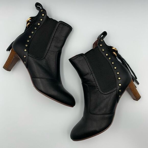 See by Chloé Dasha Studded Textured-Leather Ankle Boots Black Size 38 - Picture 6 of 12